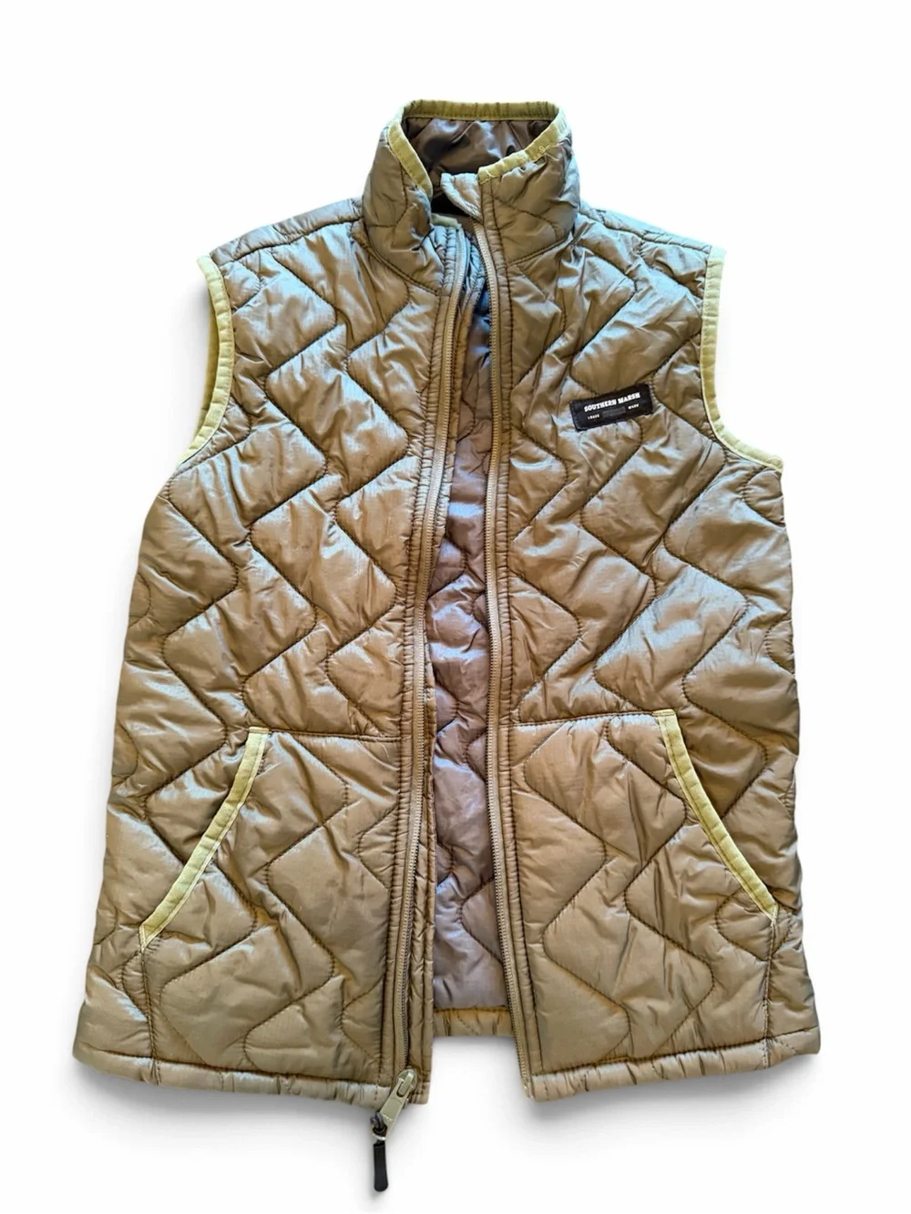 Southern Marsh Quilted Vest in Olive Green with Light Yellow Trim